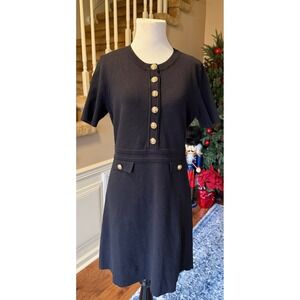 MEROKERTY Black Knit Button Front Dress Gold Tone Buttons Short Sleeve Sheath M
